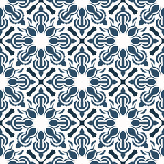 Luxurious seamless pattern with monograms. Background with white and blue color. Good for postcards. Vector.
