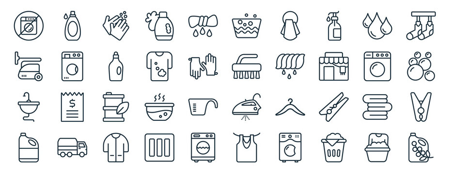 set of 40 outline web laundry icons such as detergent, steamer, washbasin, bleach, laundry, clothes line, soap bubbles icons for report, presentation, diagram, web design, mobile app