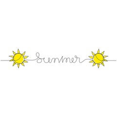Summer - handwritten inscription with suns. Seasons concept. Minimalistic one line drawing.