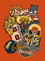 College athletic department sticker patchwork vintage vector artwork for boy shirt sport patches mix collection
