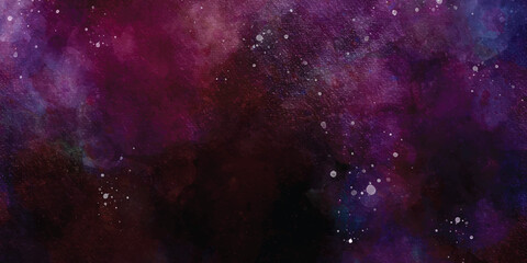 Obraz na płótnie Canvas abstract night sky space watercolor background with stars. watercolor dark red-pink nebula universe. watercolor hand-drawn illustration. Pink watercolor ombre leaks and splashes texture.