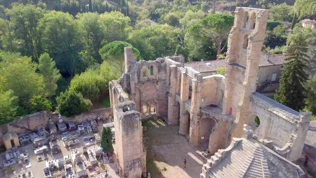 Ruined cathedral in Rennes les Bains, aerial view of impressive old structure