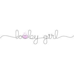 Baby girl - baby love concept. Handwritten inscription with pink hearts. Contiuous one line drawing. Minimal art.