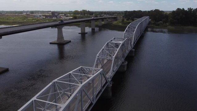 Santa Lucia Swing Bridge in Uruguay. Aerial drone view