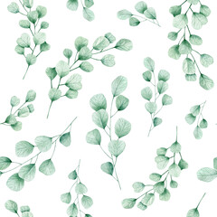 Watercolor seamless pattern green leaves eucalyptus. Isolated on white background. Hand drawn clipart. Perfect for card, fabric, tags, invitation, printing, wrapping.