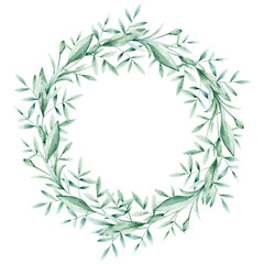 Watercolor illustration card green leaves  wreath. Isolated on white background. Hand drawn clipart. Perfect for card, postcard, tags, invitation, printing, wrapping.