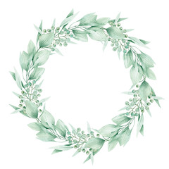 Watercolor illustration card green leaves and berries wreath. Isolated on white background. Hand drawn clipart. Perfect for card, postcard, tags, invitation, printing, wrapping.