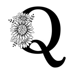 Capital letter Q with floral ornament. Monogram Q with sunflowers. Logo, name tag. Outline drawing with flowers, leaves. Summer print, wedding decoration, business card, personalized gift. Vector
