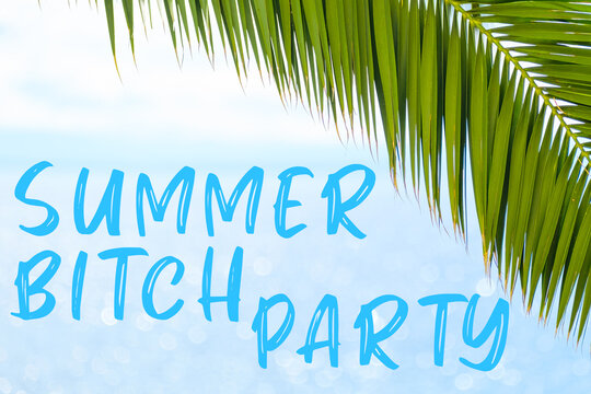 Summer bitch party message written in elegant font on the background with palm leaf and blue sea. Holiday concept and advertising of tour agency. 