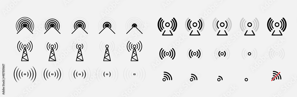 Poster vector set of radio tower symbols. antenna icon set. vector black wireless icons set