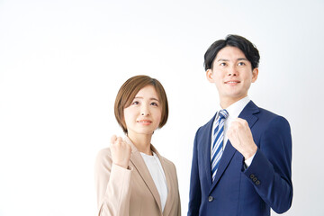 ビジネスウーマンとビジネスマン　ガッツポーズ　白背景