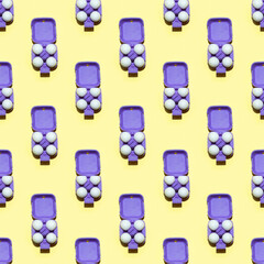 White eggs in violet package carton box on yellow background. Top view. Easter seamless pattern.
