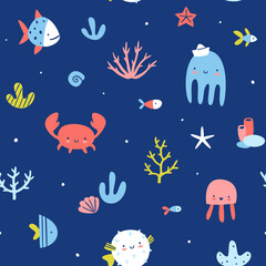 Schattig onderwater zeedieren patroon. Donkerblauwe naadloze vectorprint voor kinderdouche.