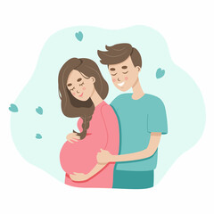 Flat illustration about young couple expacting a child birth. Young pregnant woman with her man, two happy parents. A husband takes care and hugs his wife. Vector isolated on white background