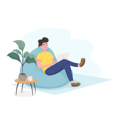 A dark-haired guy with glasses is sitting in a comfortable armchair-bag and working on a laptop. Home office concept, remote work, study, online conference. Stay at home. Flat cartoon vector.
