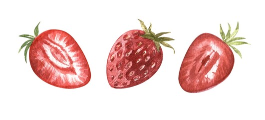Watercolor strawberries Clipart. Juice and fresh ripe berries set. Berries sweet summer food. hand drawn illustration isolated. Art for cookbook, kitchen, dessert, menu cafe.