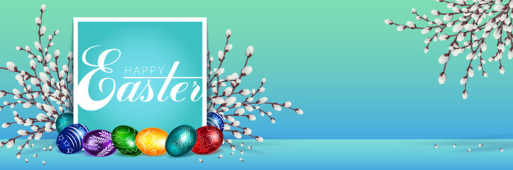 Banner for Easter. Willow branches and Easter eggs. Place for text 