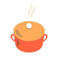 Kitchen pans with hot lunch. Home cooking. Healthy delicious food. Flat vector illustration isolated on white background