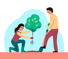 A family couple is planting a tree sapling. The man is digging with a shovel. The woman helps. Caring for nature and ecology. Vector flat illustration