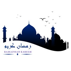 Ramadan kareem greeting with elegant mosque silhouette and Arabic calligraphy