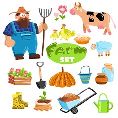 Set of farm elements. Agriculture, Gardening Cartoon Style