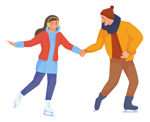 Young man and woman skating. Winter ice activity