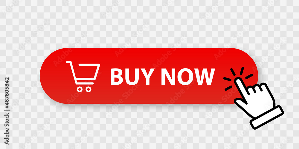 Poster buy now red button with hand cursor. button hand pointer clicking. click here banner with shadow. cl