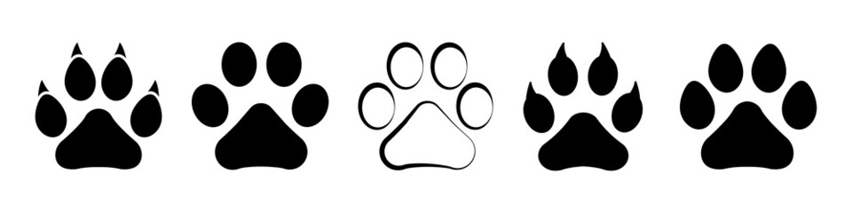 Different animal paw. Paw prints silhouette. Footprints dog and cat with claw. Imprint legs isolated on white background. Vector illustration. - obrazy, fototapety, plakaty