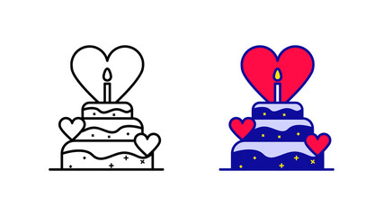 Heart icon set on modern cake. Heart cake icon from modern wedding icons. Linear and colorful icon love cake template. Download the simple linear wedding-honeymoon vector. white background.