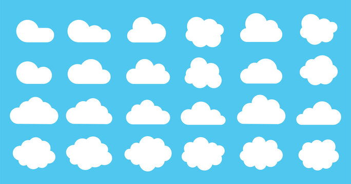 Blue sky and clouds icons set. Carton cloud shape. Different clouds in flat style. Collection bubble cloud isolated on background. Vector graphic element. 