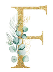Golden letter F decorated with green Watercolor eucalyptus branches and leaves isolated
