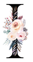 Letter I decorated with watercolor winter bouquet made of pastel flowers and leaves. Floral alphabet