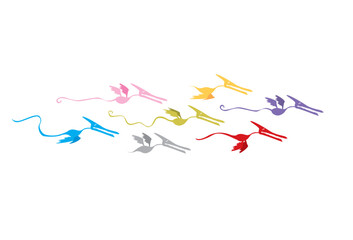 Cheerful gang of colorful winged monsters with big teeth flies north. Vector image for prints, poster and illustrations.