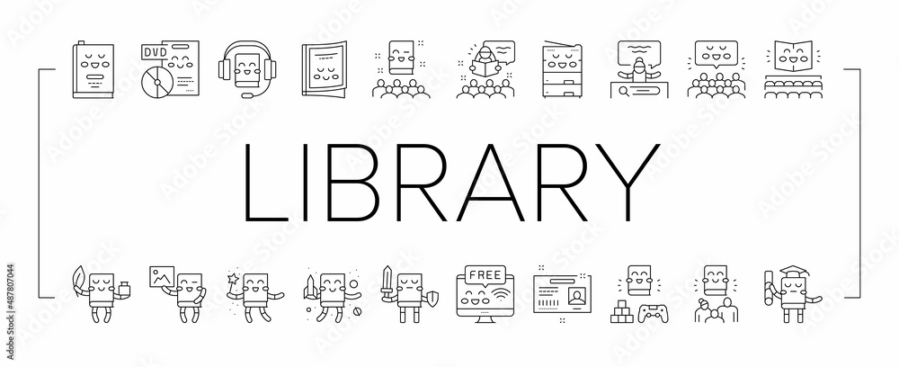 Poster children library read collection icons set vector .
