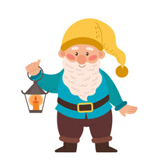 Happy cute little garden gnome with a beard. Dwarf elf holding a lantern. Vector illustration of a fairytale character isolated on a white background.