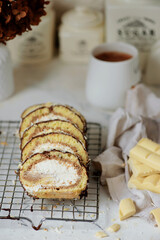 Tiramisu swiss roll. rustic photo