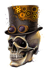 Schedel. Grafisch, kleurenportret van een schedel in een hoed met bril in de stijl van stoompunk met spatten van aquarel op een witte achtergrond. Digitale vectorafbeeldingen.