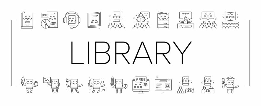 Children Library Read Collection Icons Set Vector .