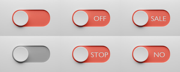  Toggle switch buttons set template. Red switch NO, OFF, SALE, STOP. Switch design for app or website. 3d render