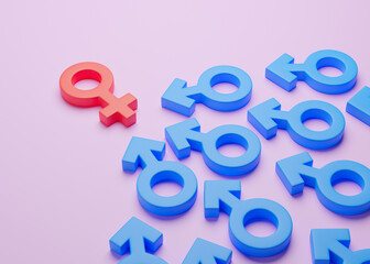 Female pheromones attract men. One woman and many men, gender symbols. 3d render
