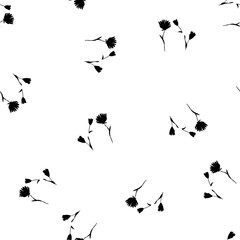 Obraz premium Trendy monochrome vector texture. Silhouettes blossom floral seamless pattern. Blooming botanical motifs scattered random. For fashion. Ditsy print. Hand drawn wild meadow flowers on white background
