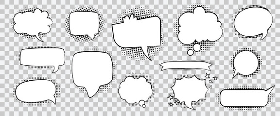 Empty speech bubbles with halftone shadows, pop art style on transparent background. Set of retro vector illustrations