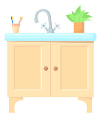 Wooden closet with sink and tap. Cartoon furniture