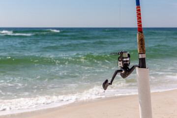 Close Up of a Surf Fishing Pole in a Holder - 487809093