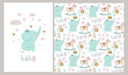Baby shower seamless pattern and card with elements, elephant, toy, milk, baby,  bottle, sock, star. For textile, print, greeting cards, wrapping paper, wallpapers. Vector illustration