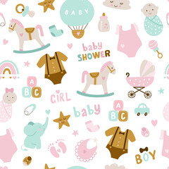 Fototapeta premium Seamless pattern of baby shower elements, elephant, toy, cloud, rainbow, milk, baby, bottle, sock, star for textile, print, greeting cards,wrapping paper, wallpapers. Vector illustration