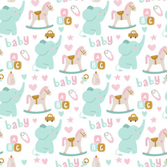 Seamless pattern of baby shower elements, elephant, toy, cloud, rainbow, milk, baby, bottle, sock, star. Vector illustration