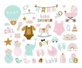 Hand drawn baby shower set with elements, elephant, toy, cloud, rainbow, milk, baby,  bottle, sock, star for textile, print, greeting cards, birthday,  Vector illustration  - 487809458