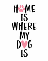 Home is where my dog is phrase lettering with white Background