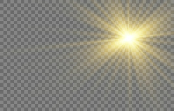 Flash light on png background. Vector glow sparkle effect. White glowing light explodes on a transparent background. Transparent shining sun, bright flash. Special lens flare light effect.